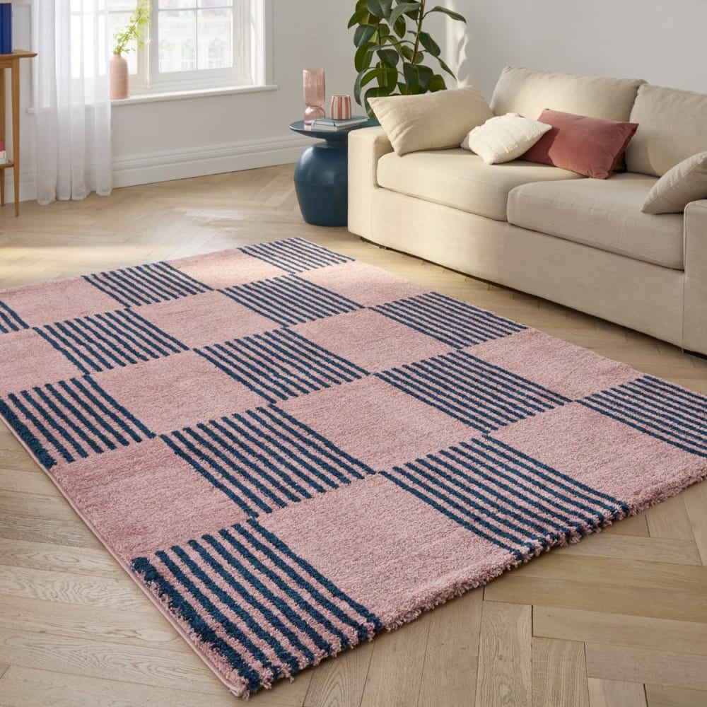 sweeek Teppich kariertes Muster blau und rosa 160 x 230 cm style classic chic - Harz