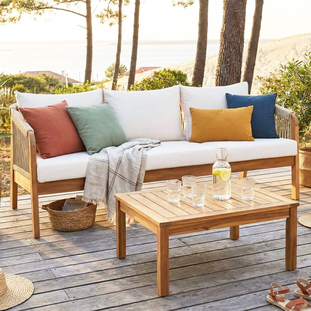 Canapé de jardin 3 places - bois FSC - coussins beiges