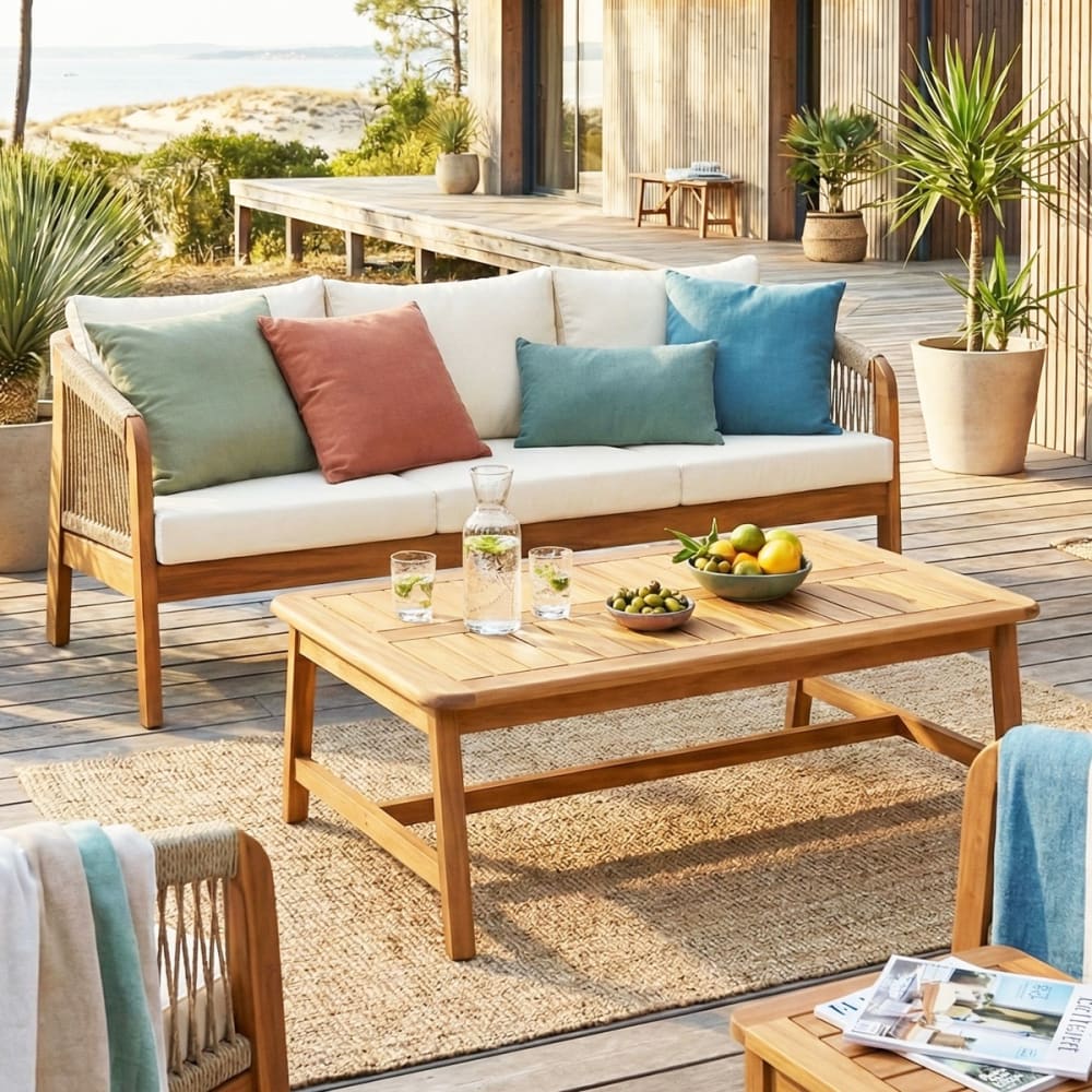 Salon de jardin 3 places en bois FSC - canap. 3 places + table - beige