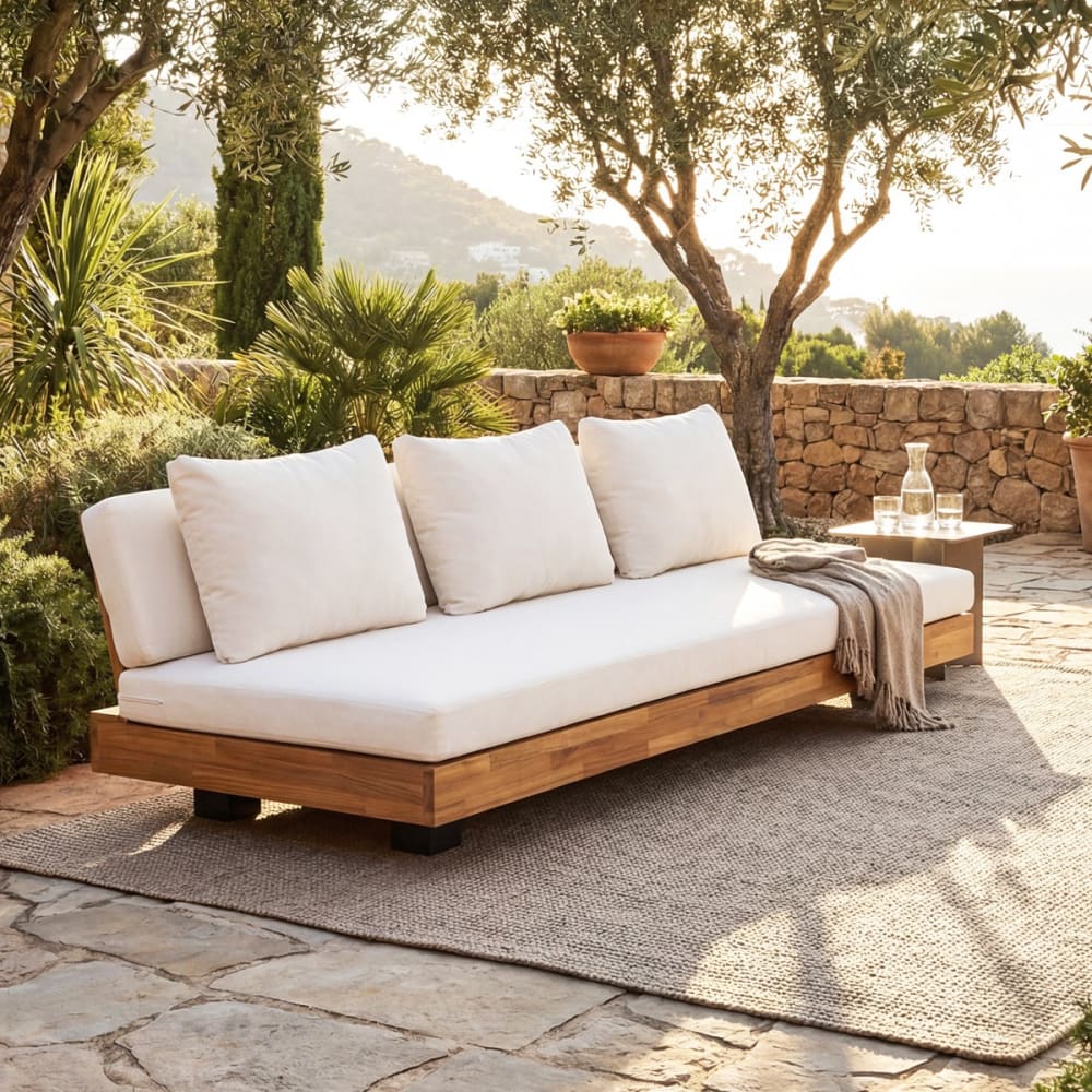 Canapé de jardin 3 places - bois FSC - coussins beiges