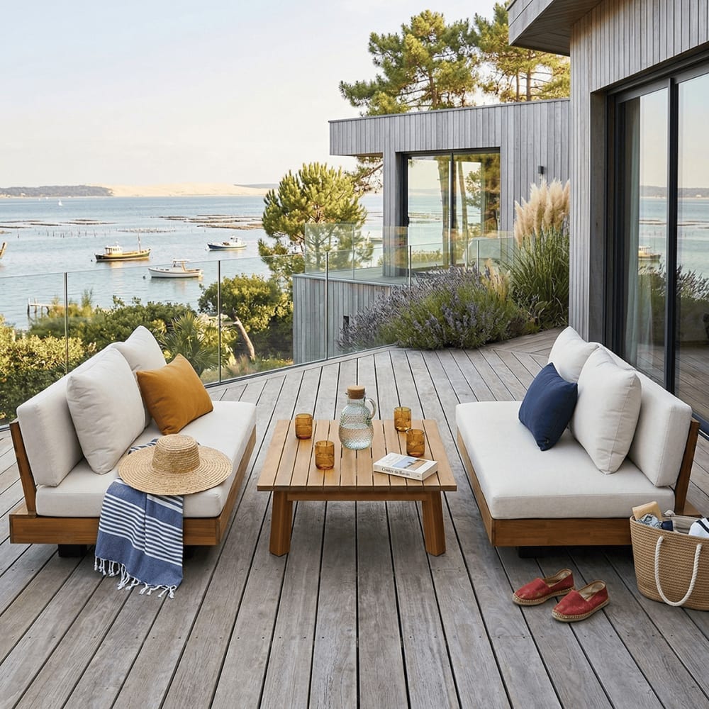 Canapé de jardin 2 places - bois FSC - coussins beiges