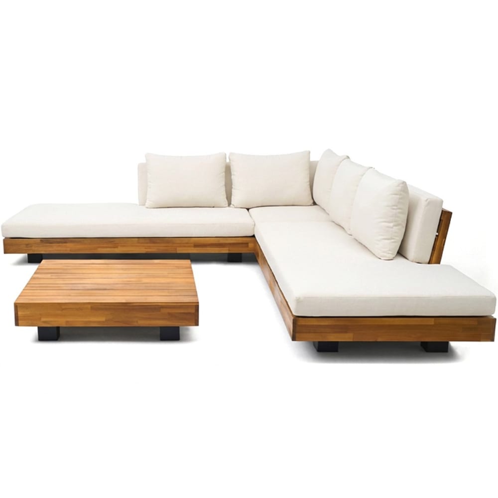 Salon de jardin d'angle 5 places en bois FSC - coussins beiges