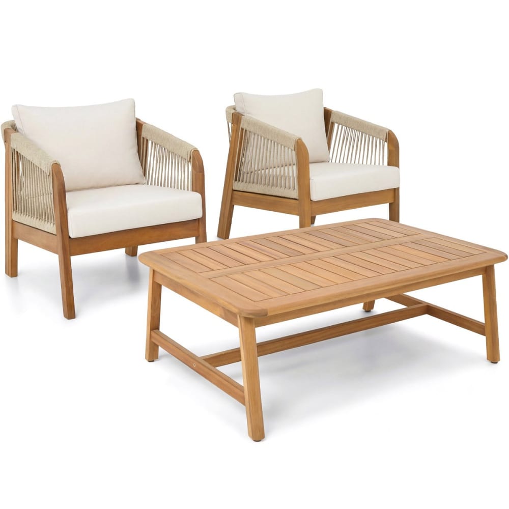 Salon de jardin 2 places en bois FSC - 2 fauteuils + table - beige