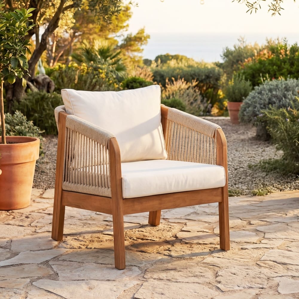 Lot de 2 fauteuils de jardin - bois FSC - coussins beiges