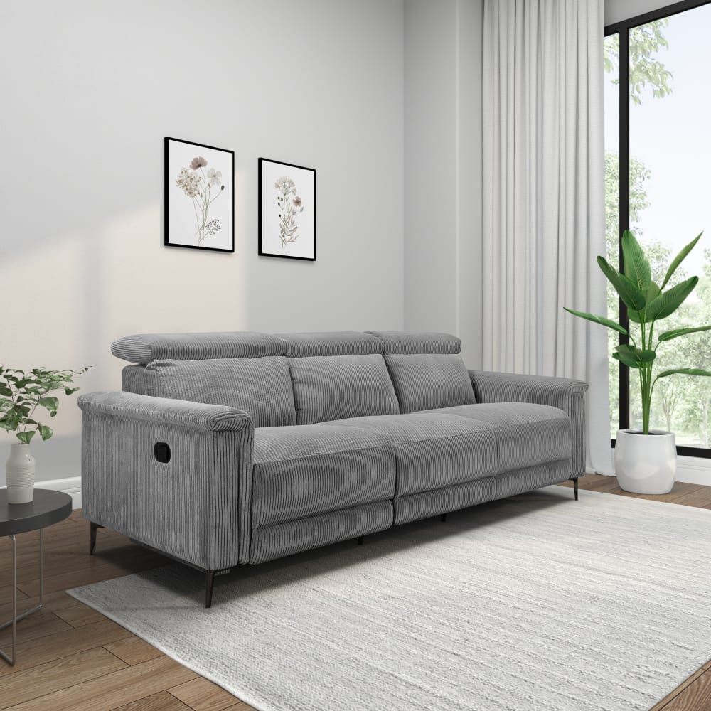 Canapé relax manuel 3 places avec 2 relax en velours côtelé gris