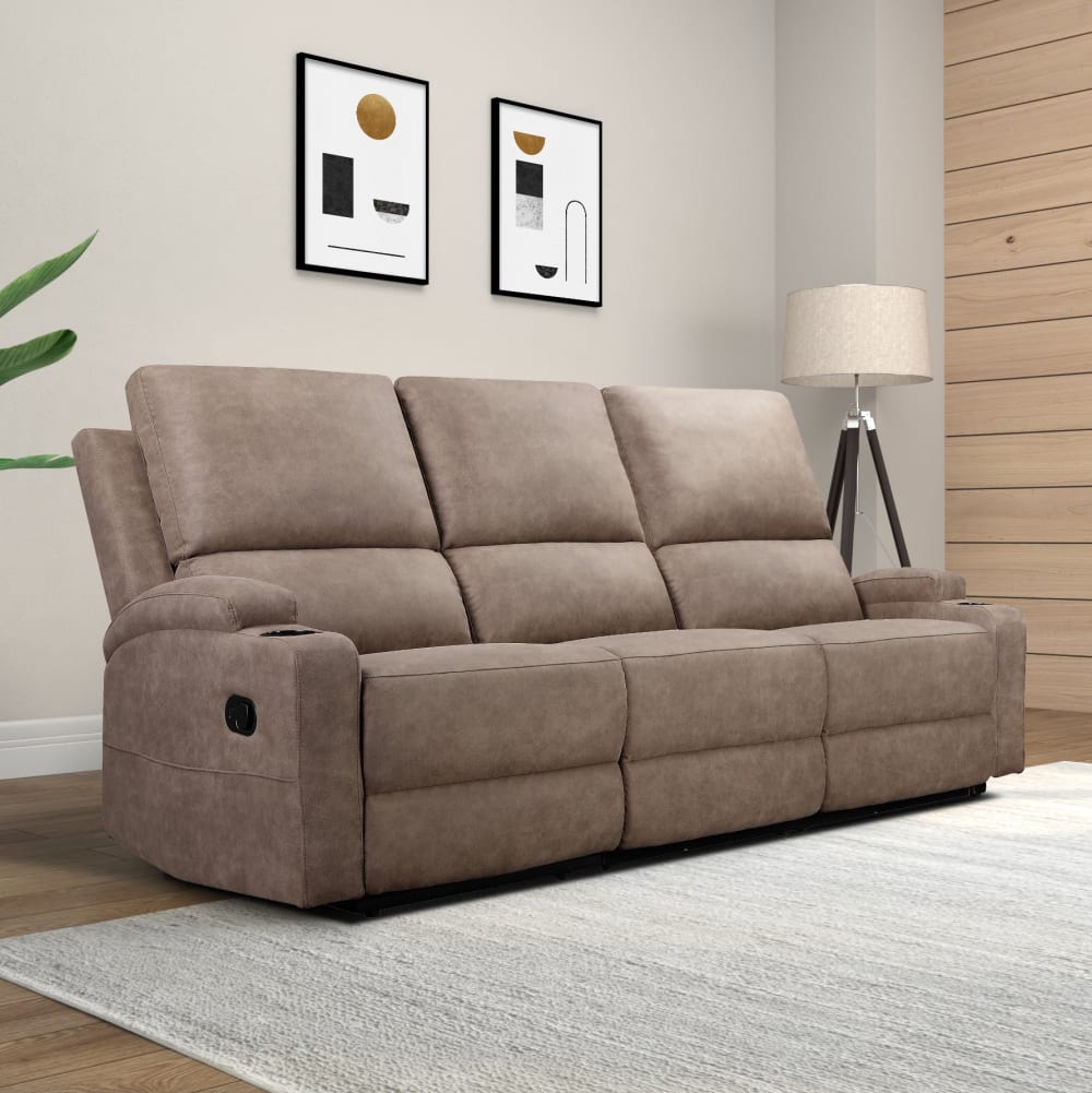 Canapé relax manuel 3 places avec 2 relax en microfibre taupe