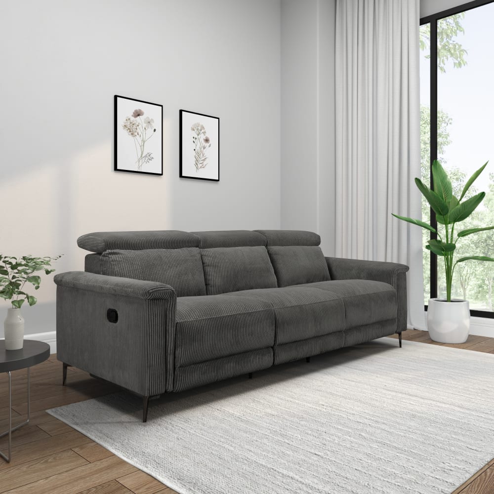 Canapé relax manuel 3 places avec 2 relax en velours côtelé anthracite