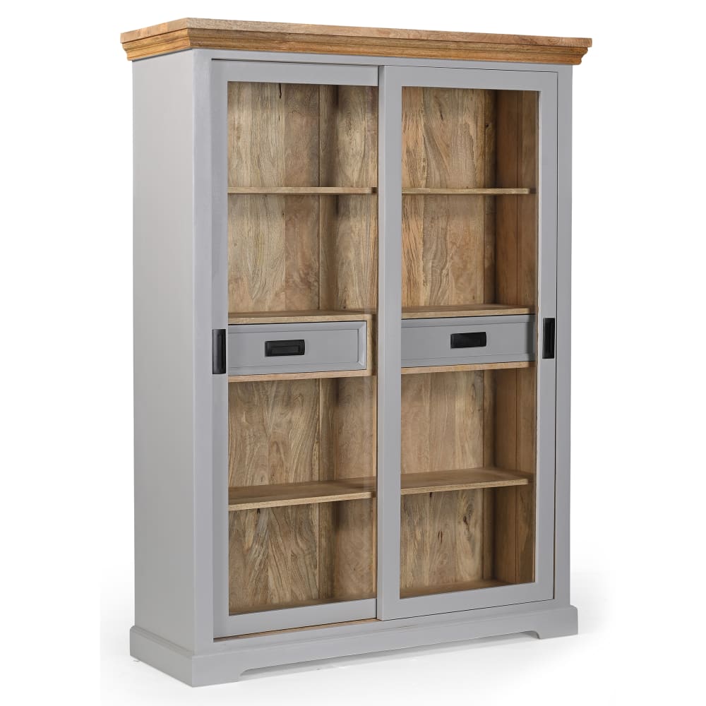 Armoire avec 2 portes vitrées et 2 tiroirs en bois gris