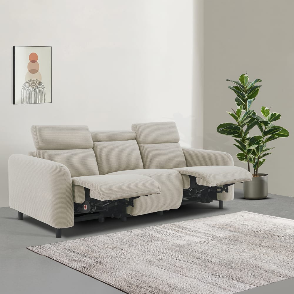 Canapé relax manuel 3 places 2 relax en velours côtelé crème