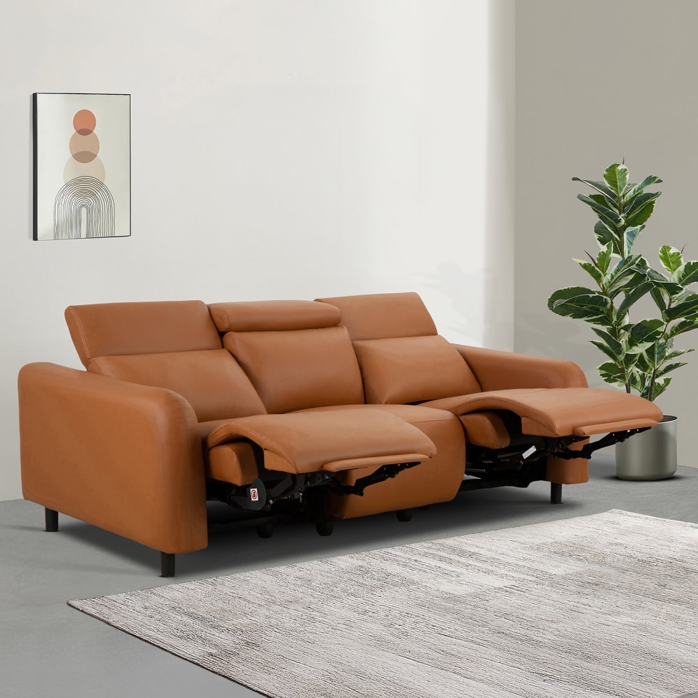Canapé relax manuel 3 places 2 relax en PU cognac