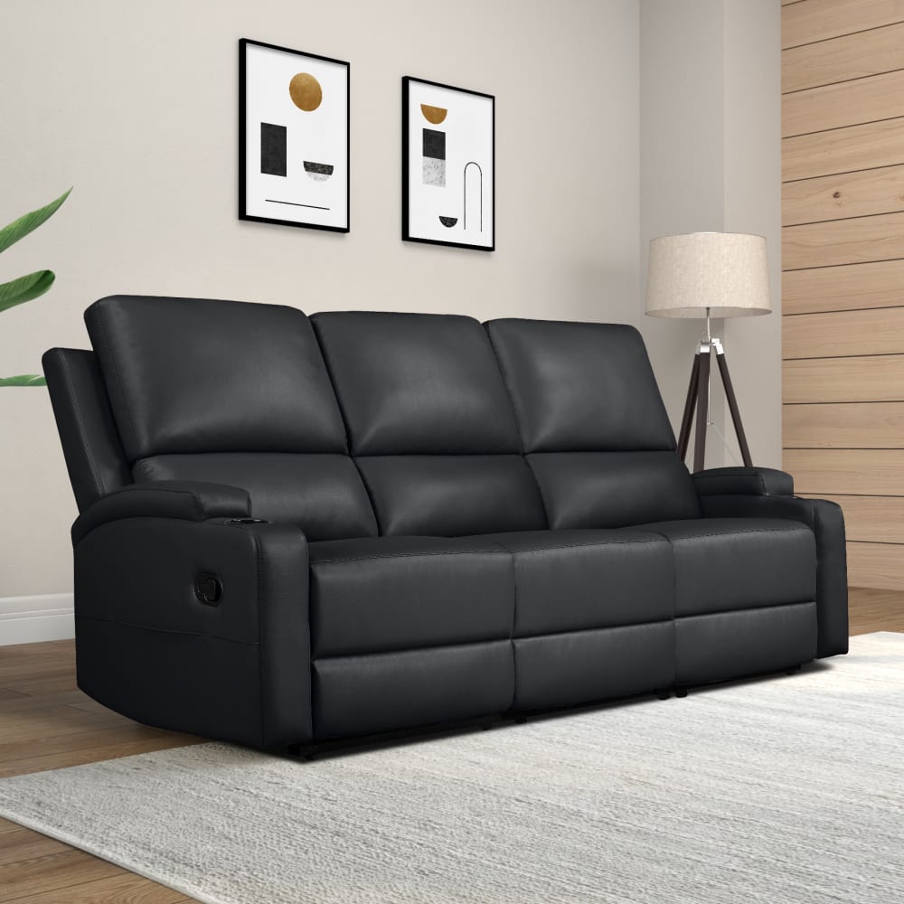 Canapé relax manuel 3 places avec 2 relax en PU noir