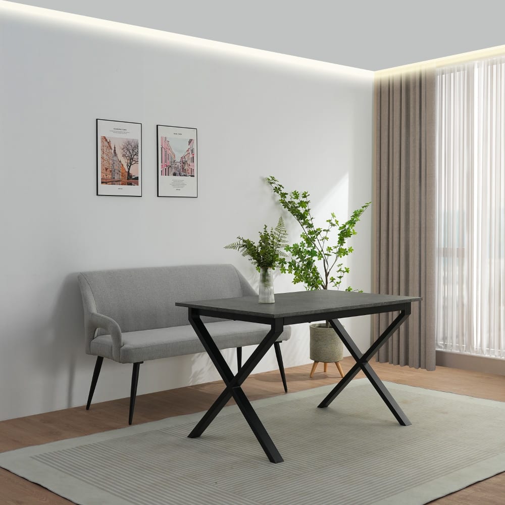 Banc de salle à manger en tissu gris clair et pieds en métal noir