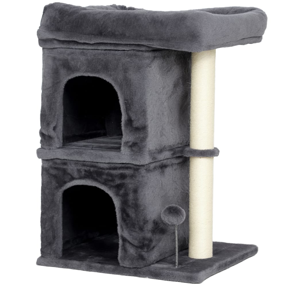 Arbre à chat grande plateforme 2 niches et balle en peluche gris foncé Arbre à chat grande plateforme 2 niches et balle en peluche gris foncé