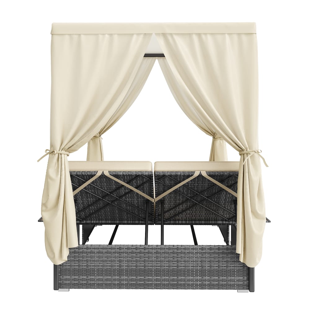 Chaise longue de jardin en rotin beige avec coussin 187x128cm