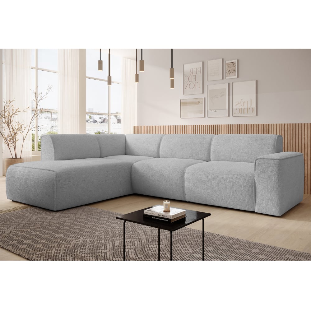 5-Sitzer Ecksofa links aus Strukturstoff, Hellgrau - Maisons Du