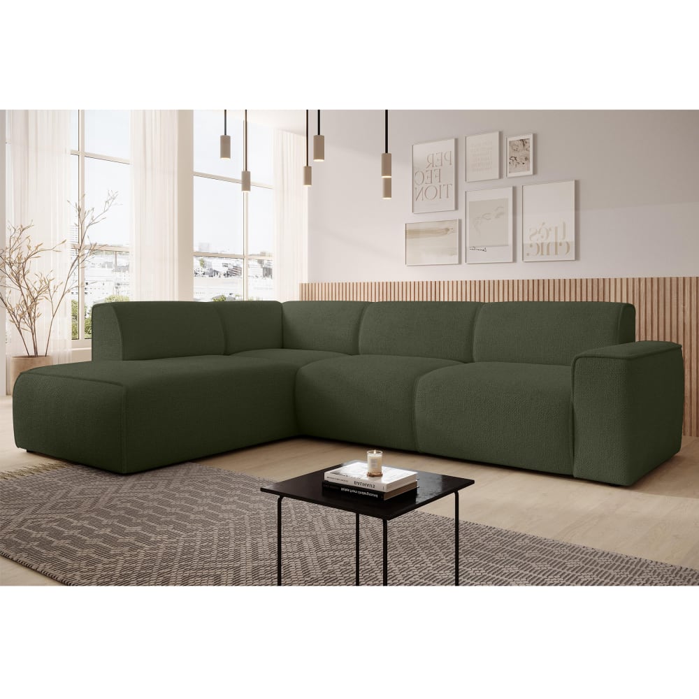 5-Sitzer Ecksofa links aus Strukturstoff, Grün - Maisons Du Monde