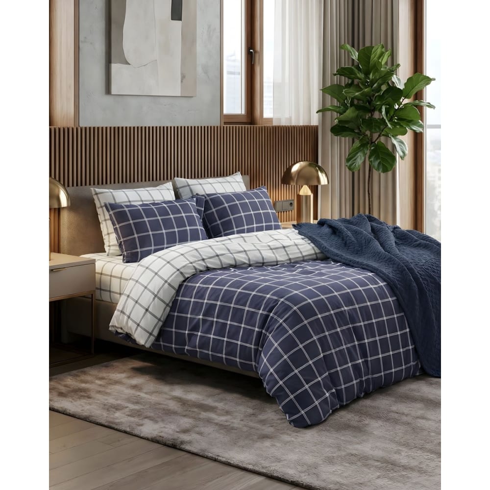 Blanc Avenue Bettwäschegarnitur 1 Bettbezug 240x220 cm+2 Kopfkissenbez 65x65 cm Blau Öko-Tex Zertifikat Baumwolle