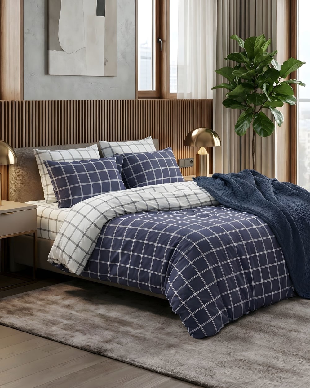 Blanc Avenue Bettwäschegarnitur 1 Bettbezug 200x200 cm+2 Kopfkissenbez 65x65 cm Blau Öko-Tex Zertifikat Baumwolle
