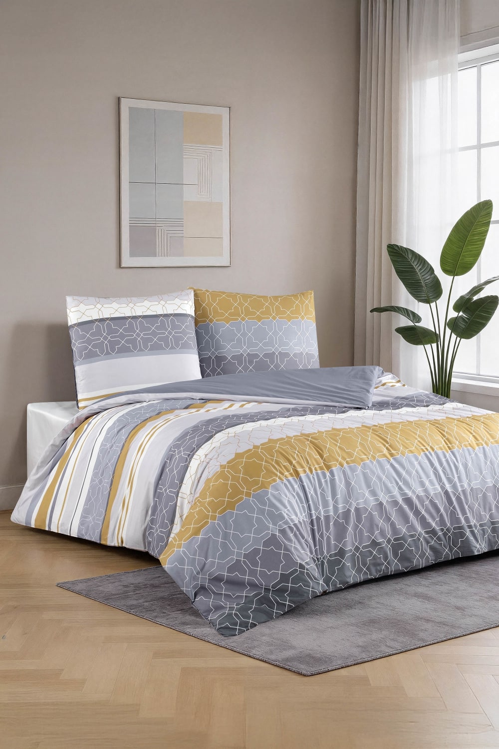 Parure housse de couette et taies d'oreiller 200x200 cm coton imprimé