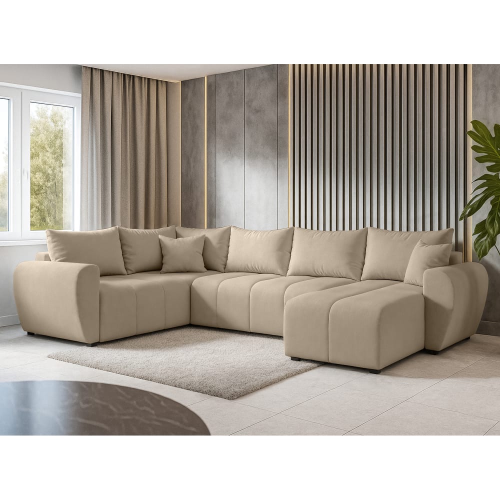 Wohnlandschaft mit Schlaffunktion und Bettkasten, Hellbraun -