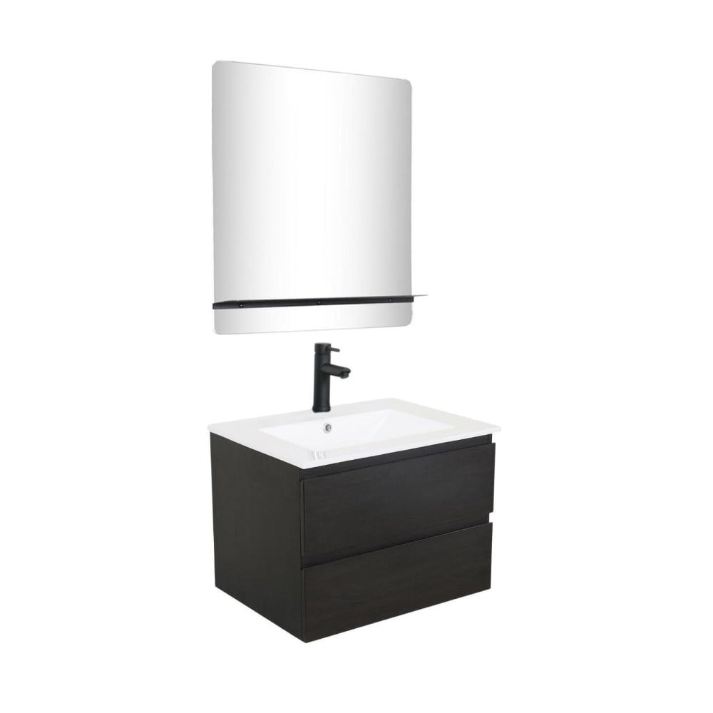 Meuble simple vasque 60cm chêne+vasque noire+robinet+miroir rectangle