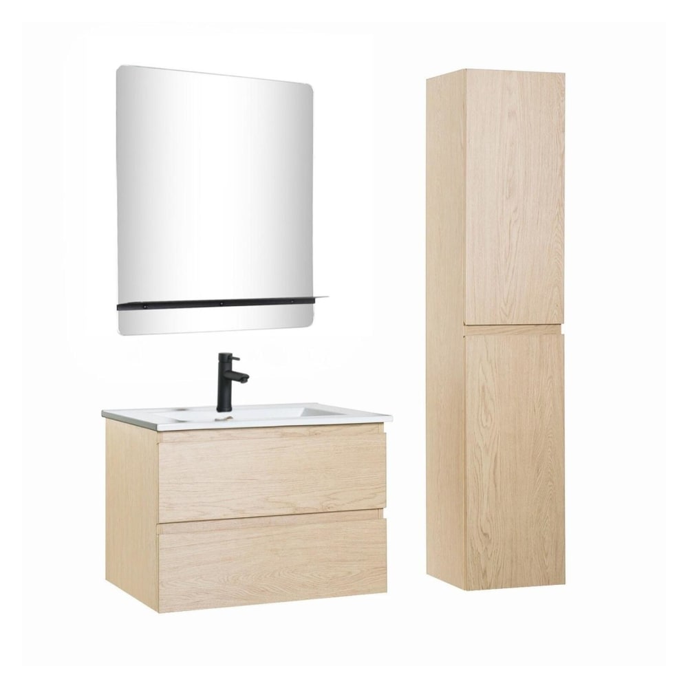 Meuble simple vasque 60cm  Décor chêne +vasque+robinet+miroir+colonne