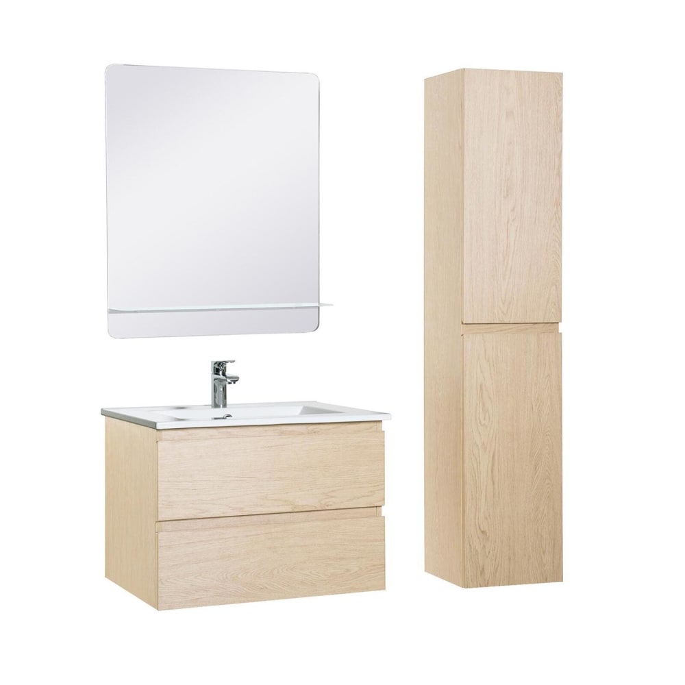 Mob In Einzelwaschtisch-Set 60 cm + Wasserhahn + Spiegel + -Säule Braun Spanplatte