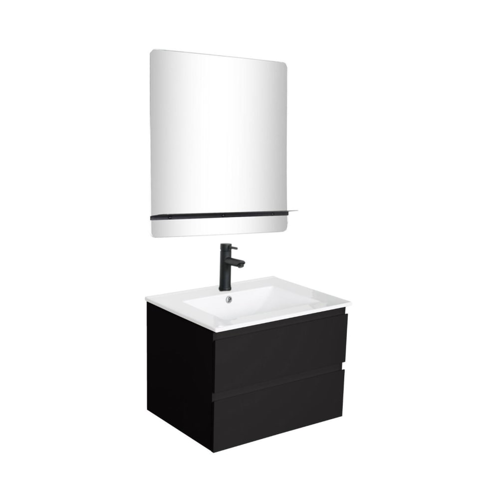 Meuble simple vasque 60cm  chêne+vasque noire+robinet+miroir rectangle