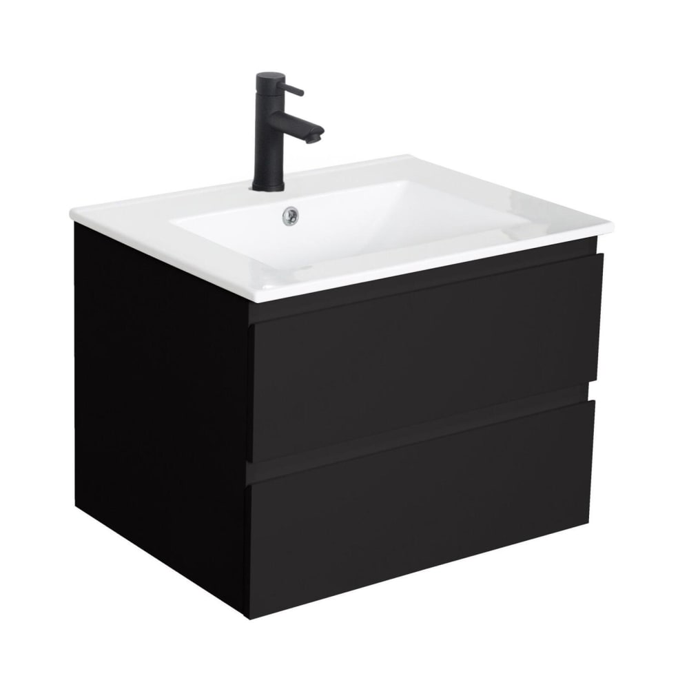 Ensemble simple vasque  60cm avec plan céramique et robinet noir