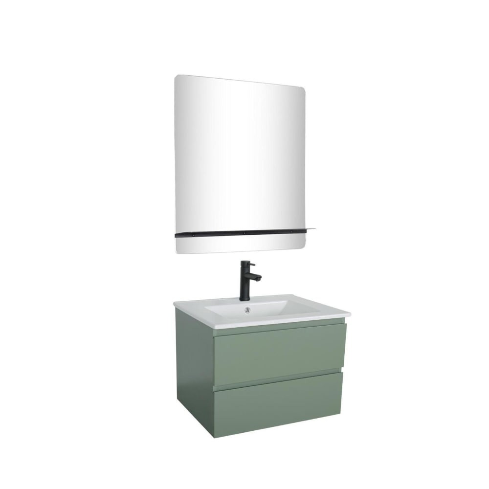 Meuble simple vasque 60cm  chêne+vasque noire+robinet+miroir rectangle