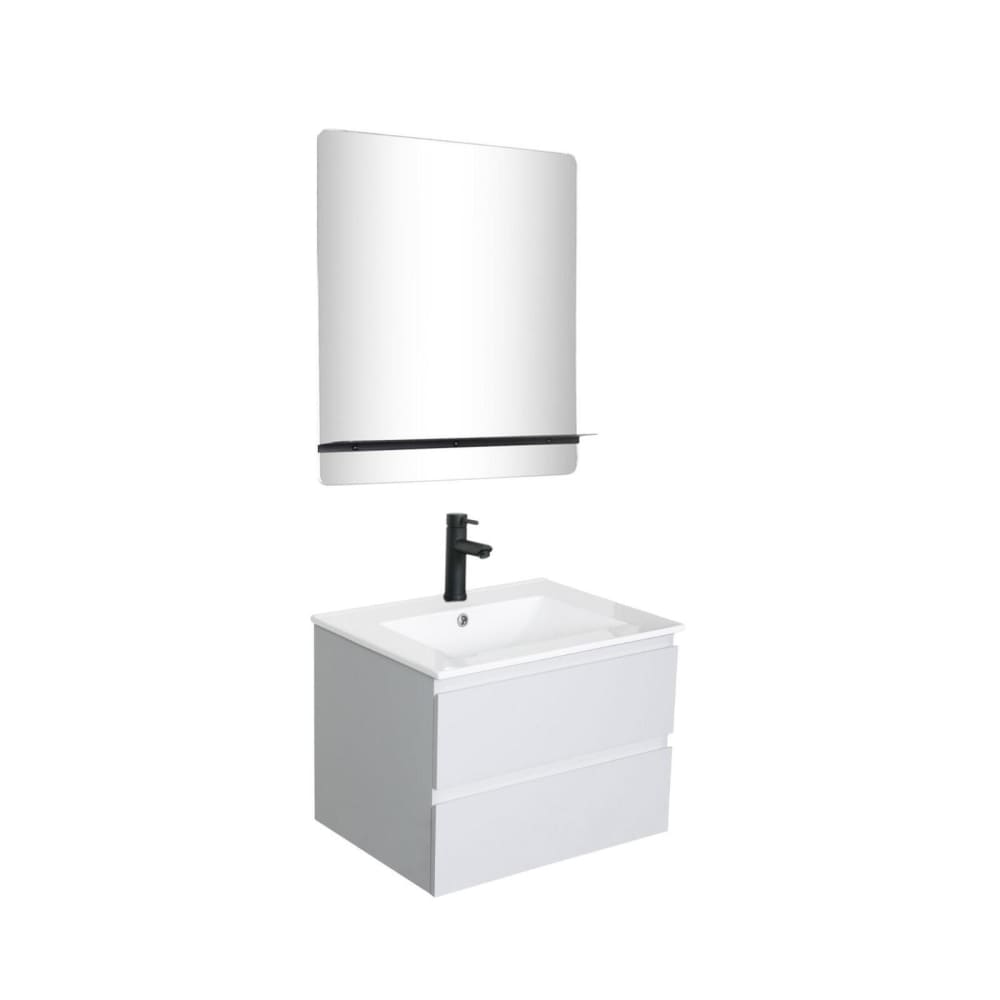 Meuble simple vasque 60cm  chêne+vasque noire+robinet+miroir rectangle