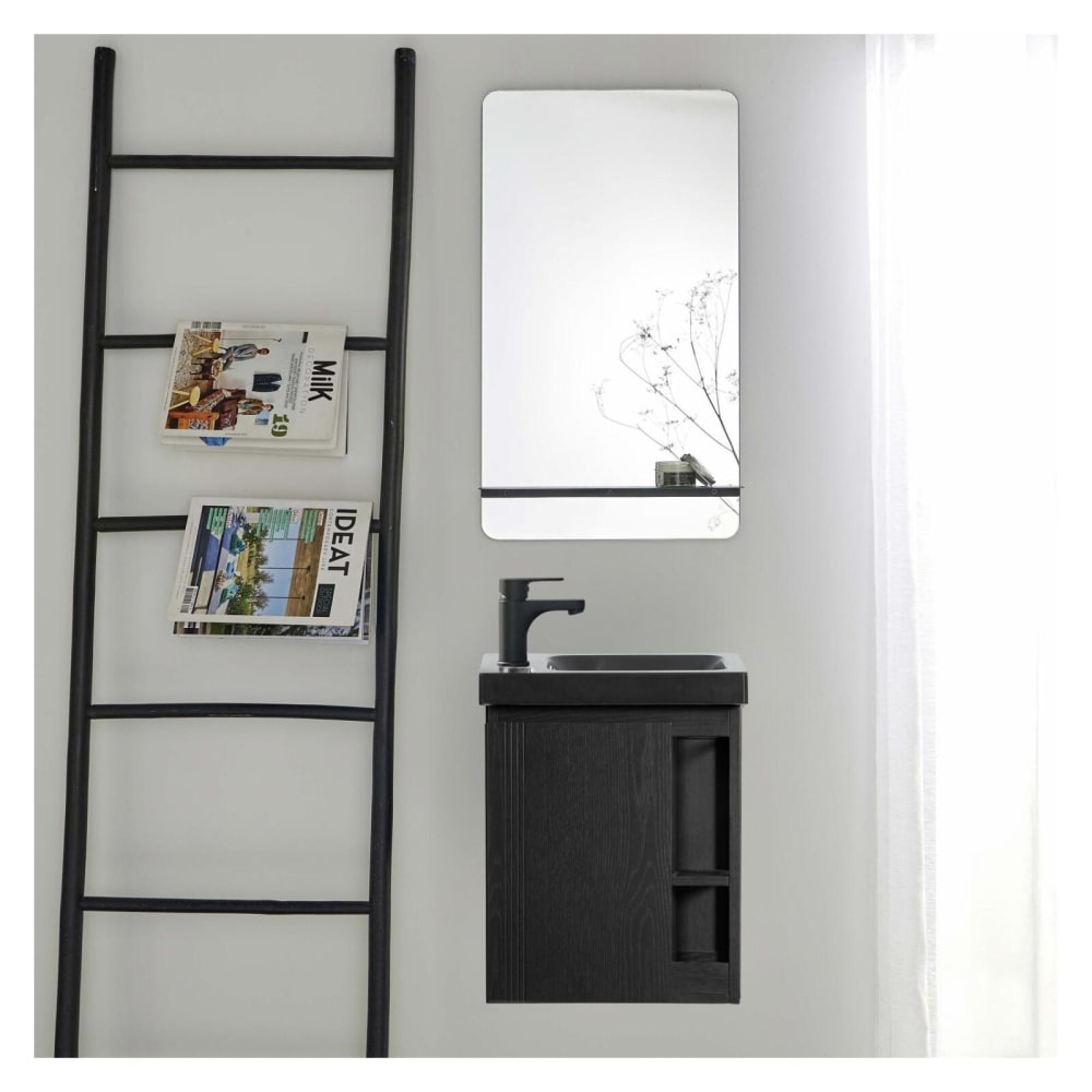 Ensemble lave-mains  avec rangement latéral et miroir tablette noire