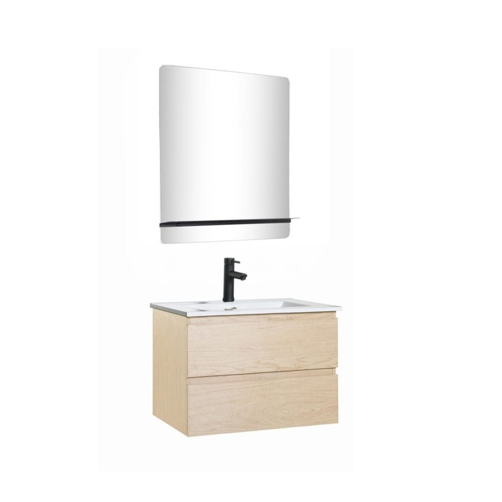 Meuble simple vasque 60cm  chêne+vasque noire+robinet+miroir rectangle