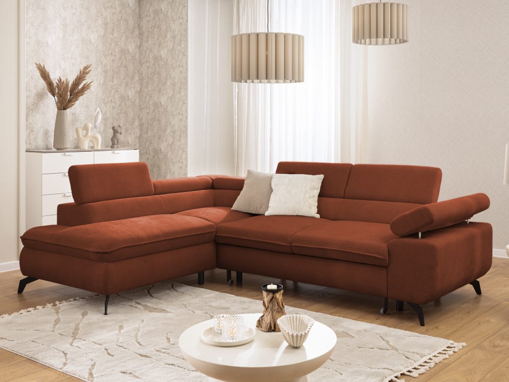 Ecksofa mit Schlaffunktion und Bettkasten aus Terrakotta