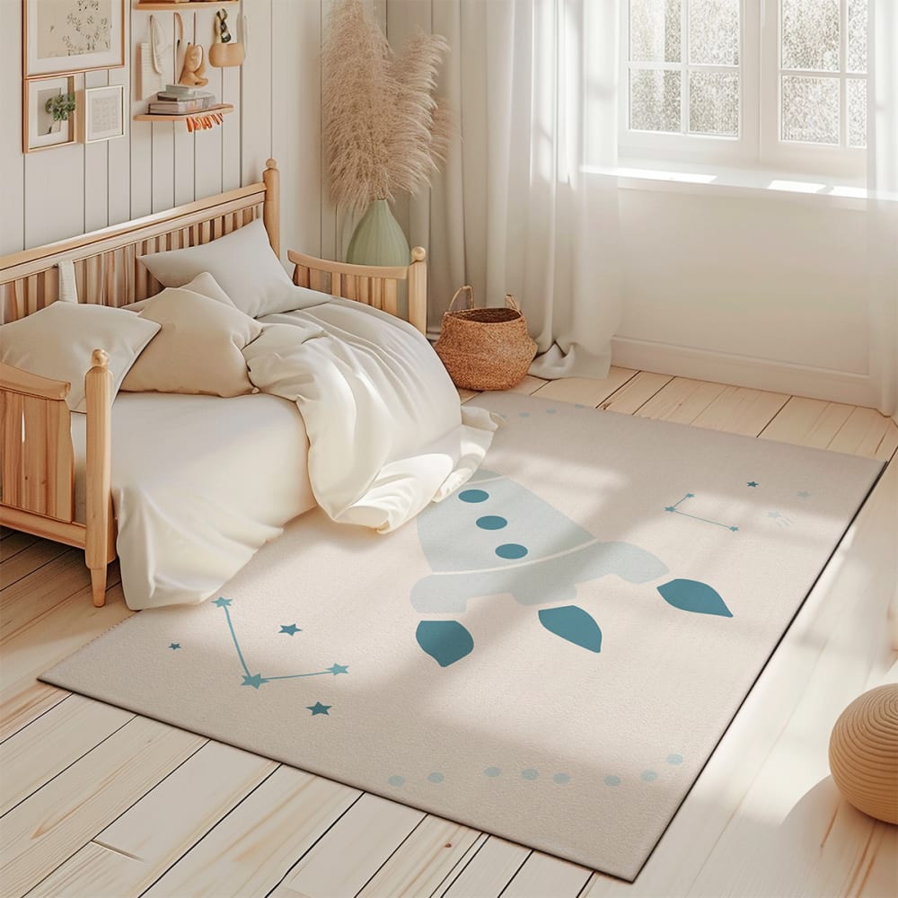 Kinderteppiche Weltraum Rakete himmelblau 118x180cm - Maisons Du