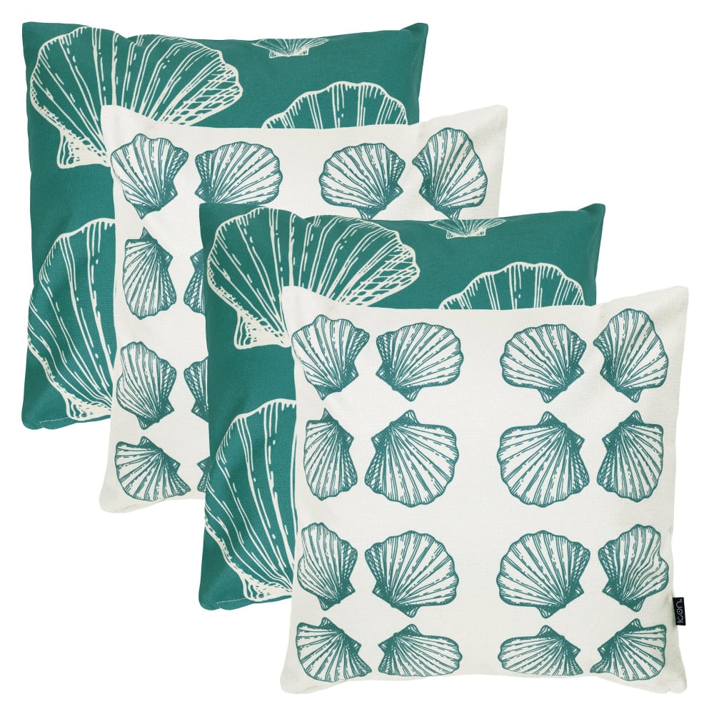 Lot de 4 coussins extérieur à imprimé coquillage, vert/blanc 43x43cm