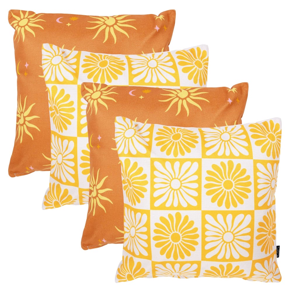 Lot de 4 coussins extérieur à imprimé soleil, jaune et orange 43x43cm
