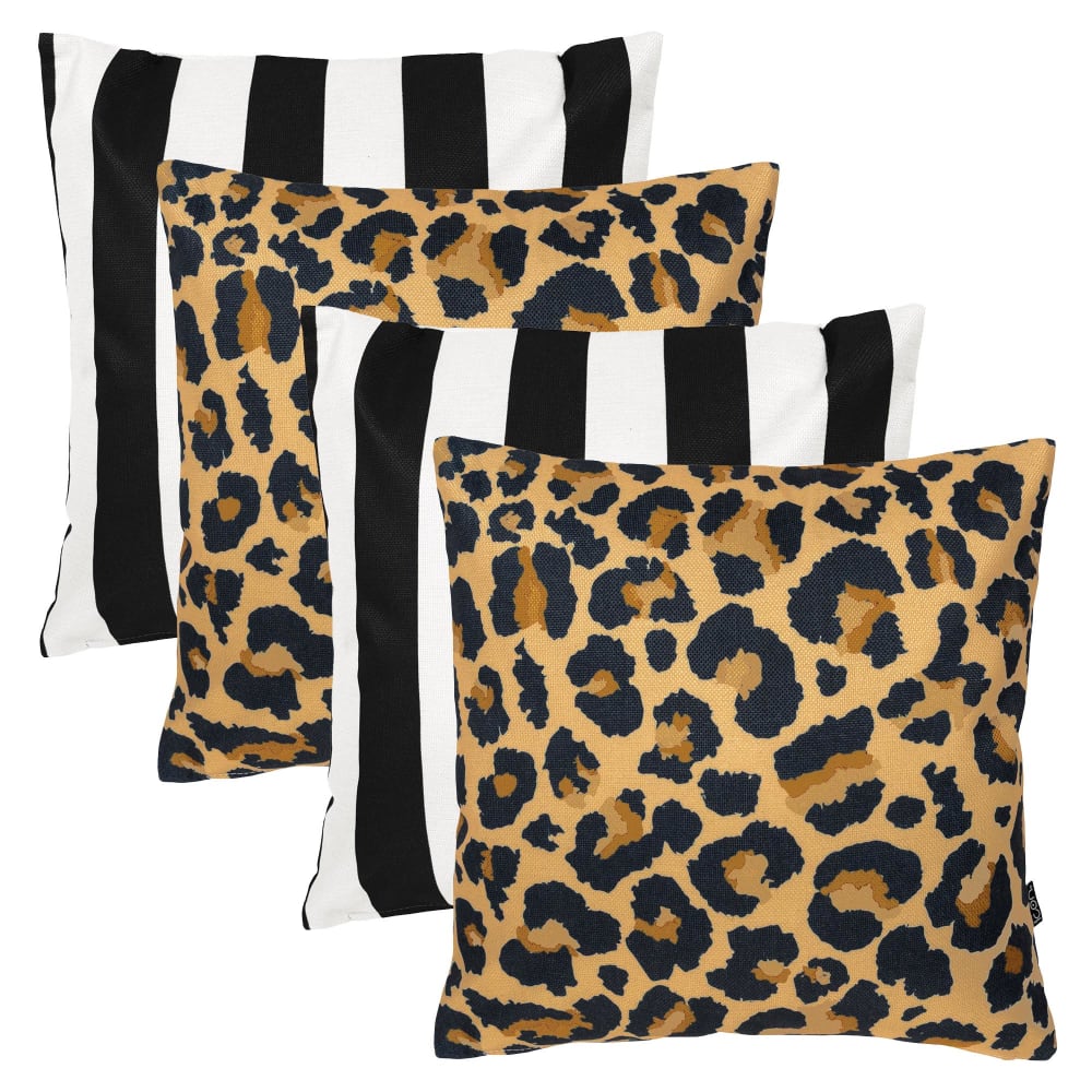 Lot de 4 coussins extérieur à imprimé léopard et rayures 43x43cm