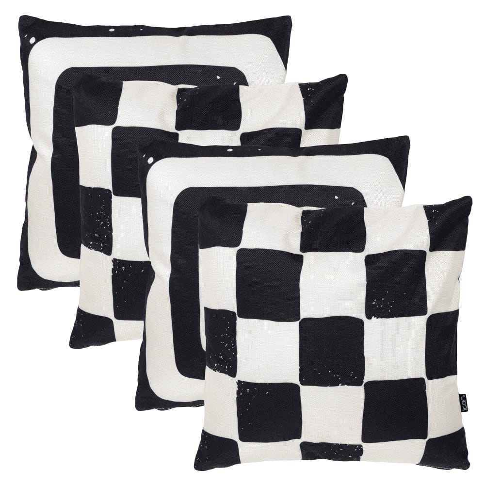 Lot de 4 coussins extérieur à imprimé géo/damier, noir/blanc 43x43cm