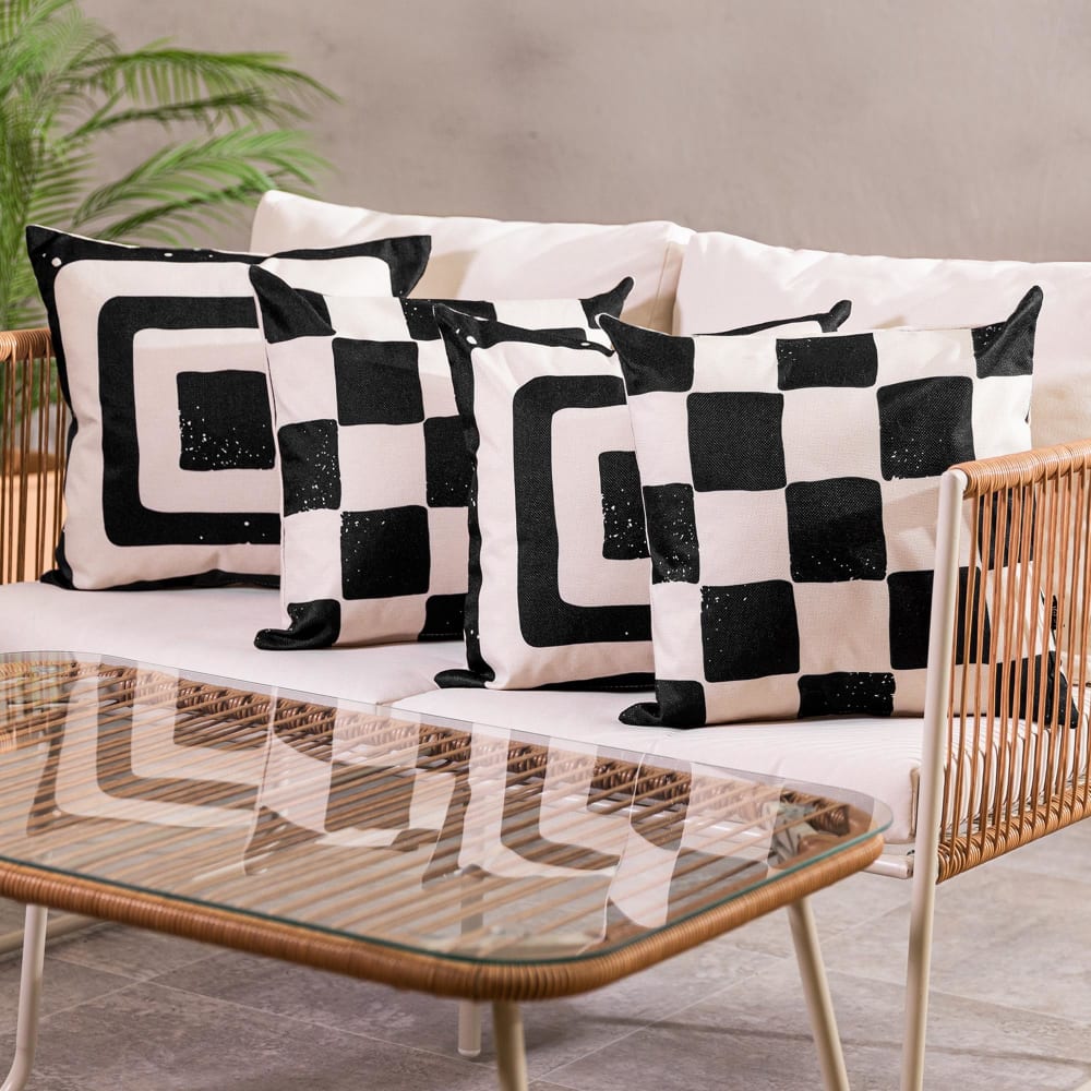 4er Set Outdoor-Kissen, geometrischem Muster, schwarz-weiß, 43 x