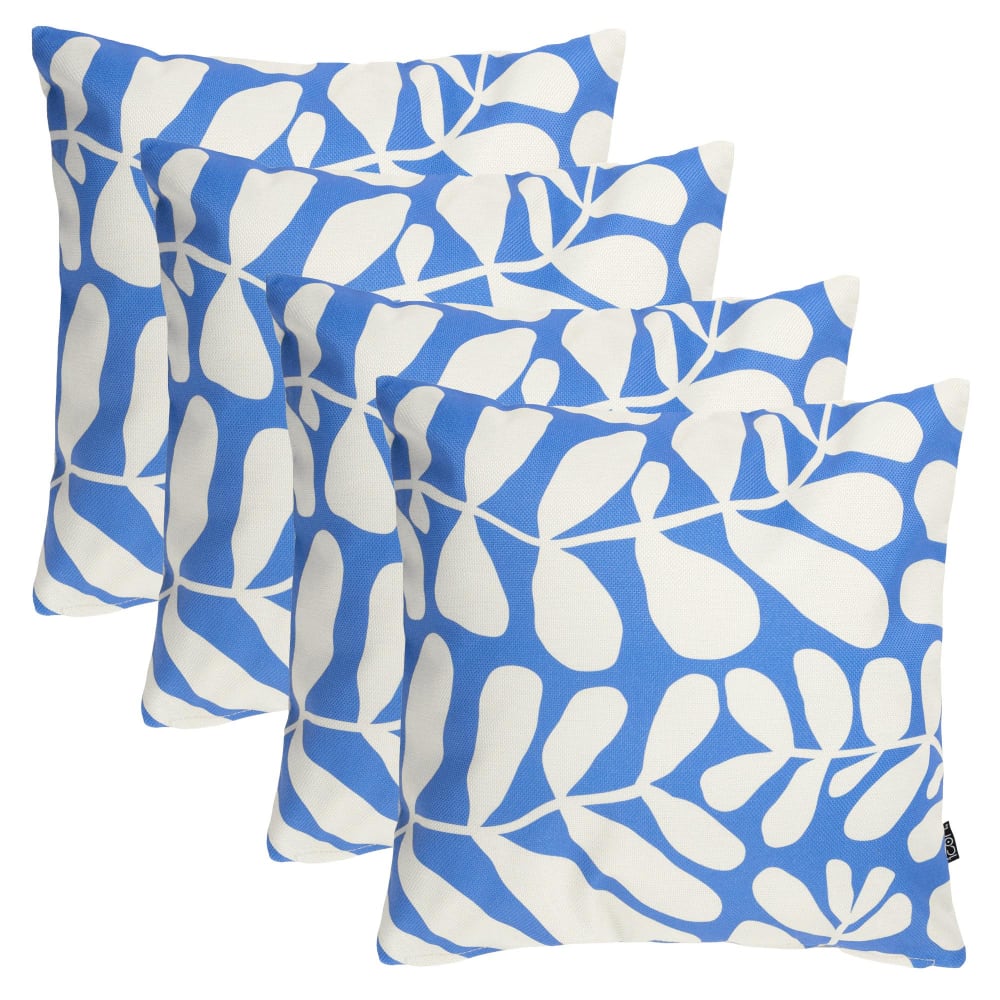 Lot de 4 coussins extérieur à imprimé feuilles, bleu 43x43cm