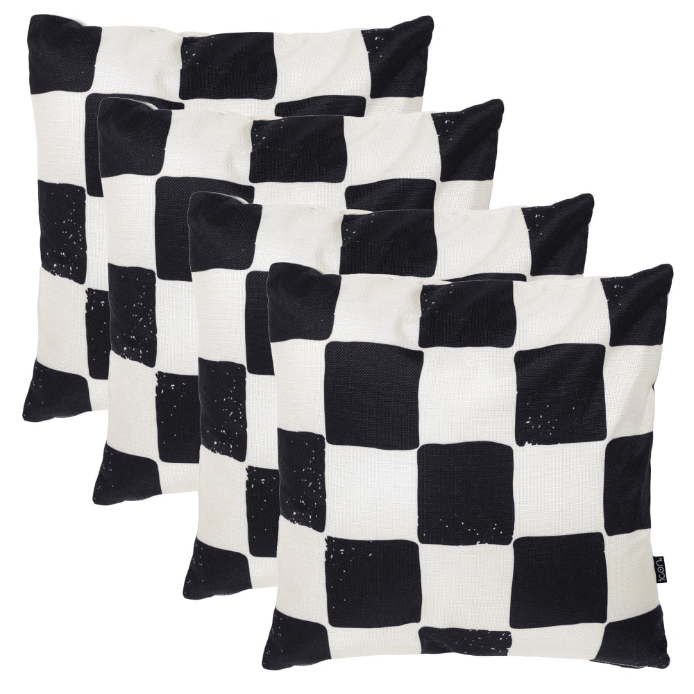 Lot de 4 coussins extérieur à imprimé damier, noir et blanc 43x43cm