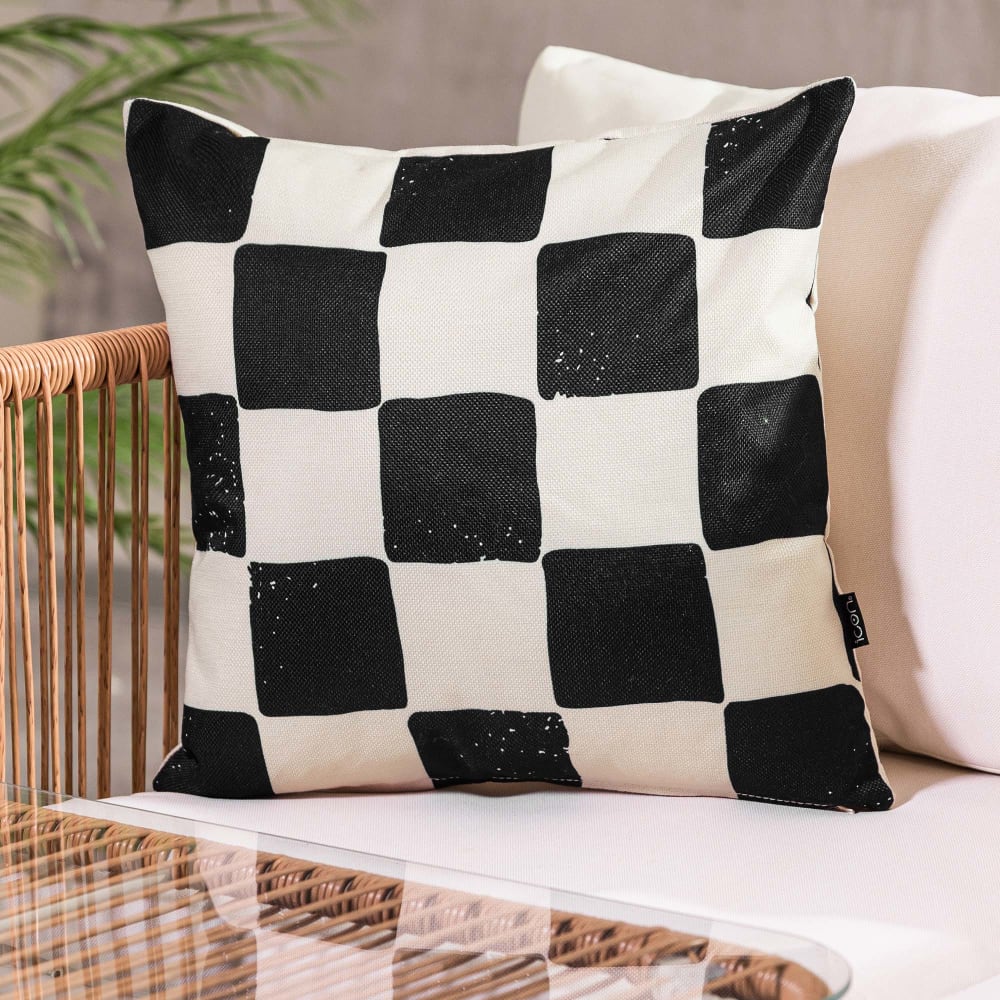 4er Set Outdoor-Kissen, Schachmuster, schwarz-weiß, 43 x 43 cm -