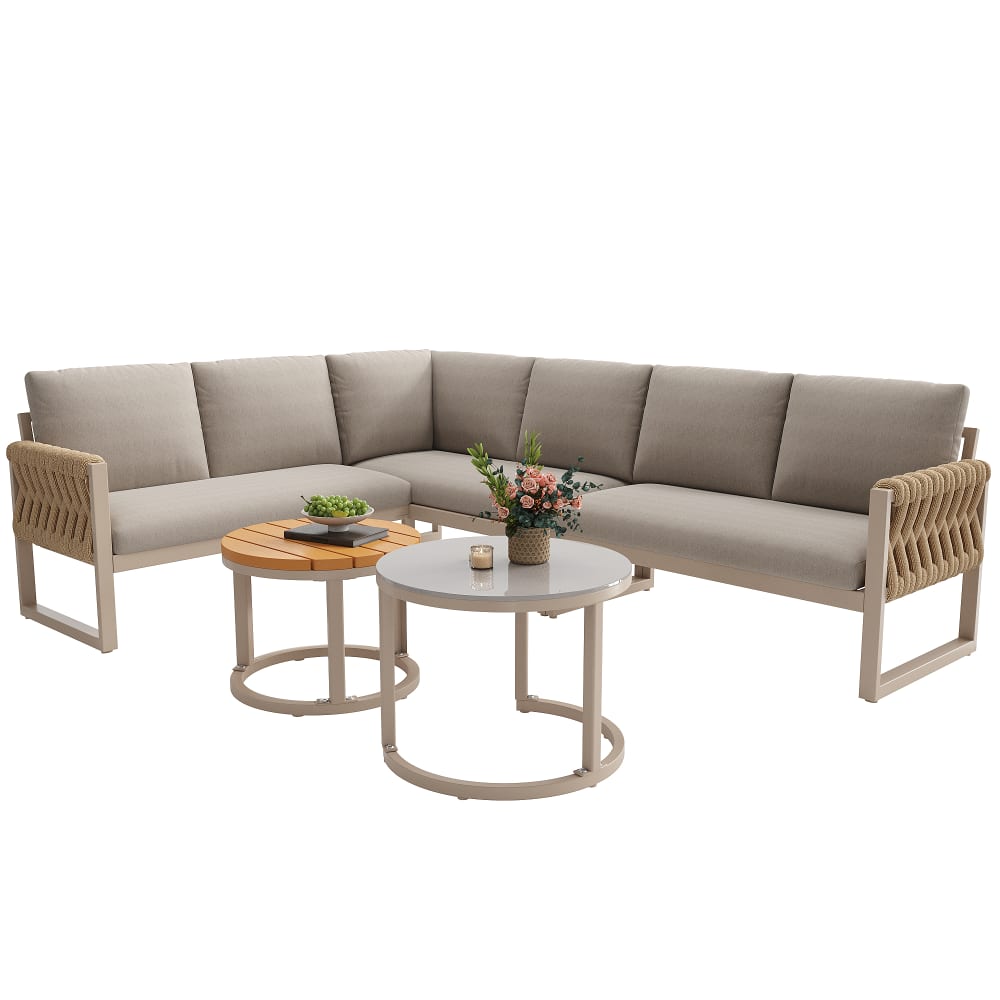 Salon de jardin beige 5-6 personnes 2 tables basses gigognes, coussins