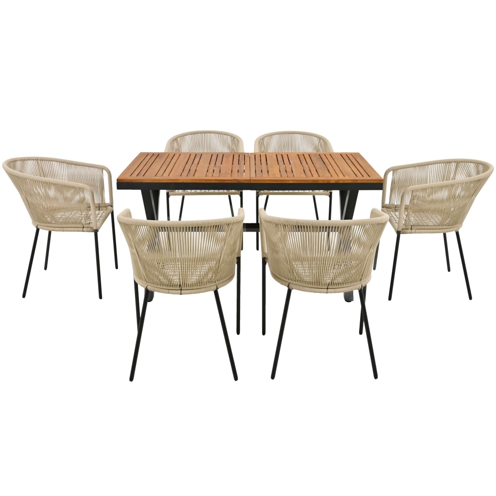 Ensemble table et chaises beige, 6 fauteuils et table en bois,coussins