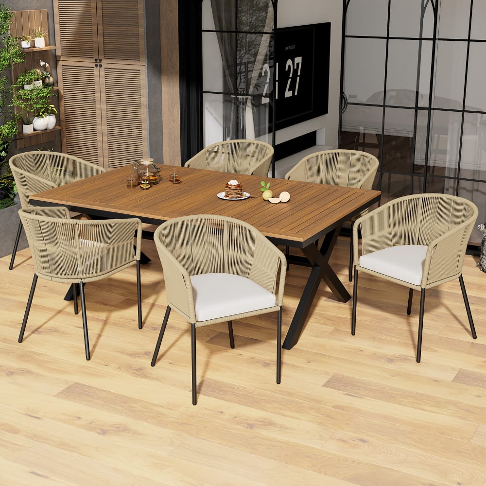 Ensemble table et chaises beige, 6 fauteuils et table en bois,coussins