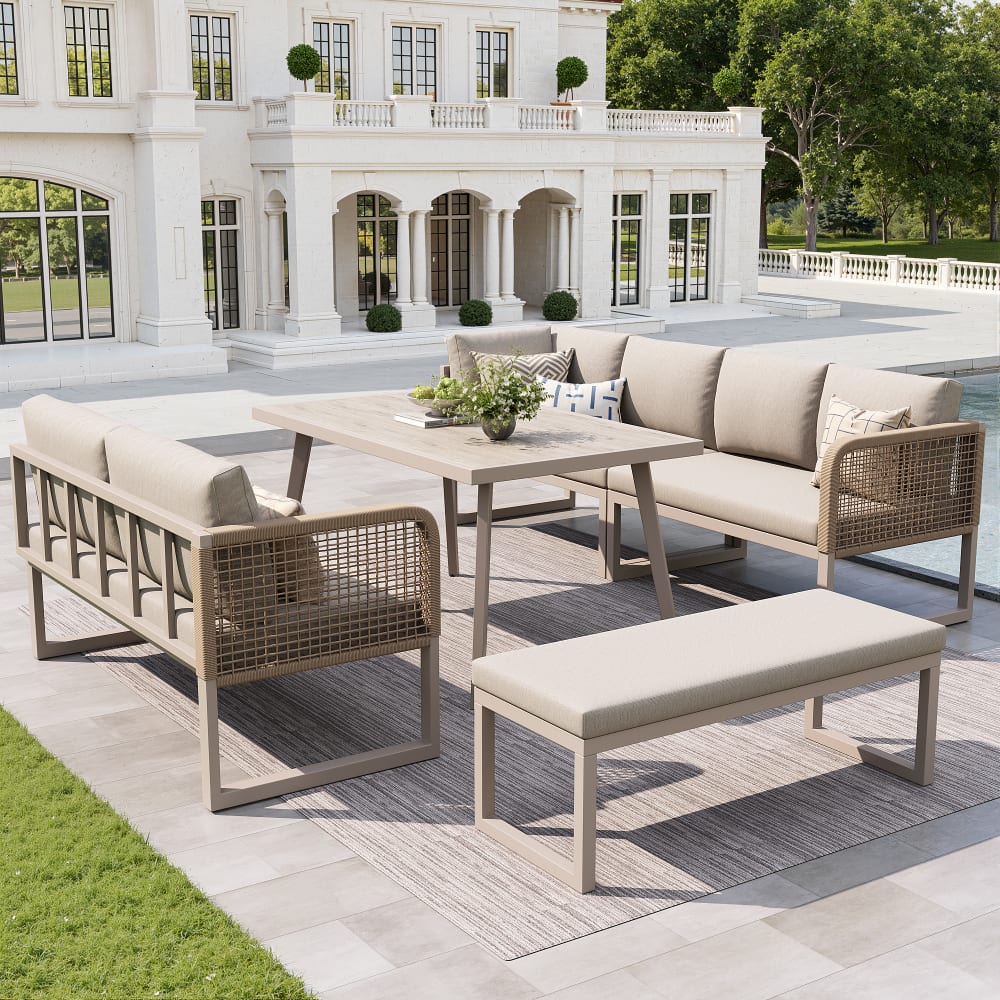 Salon de jardin en rotin PU beige avec table et banc , coussins épais