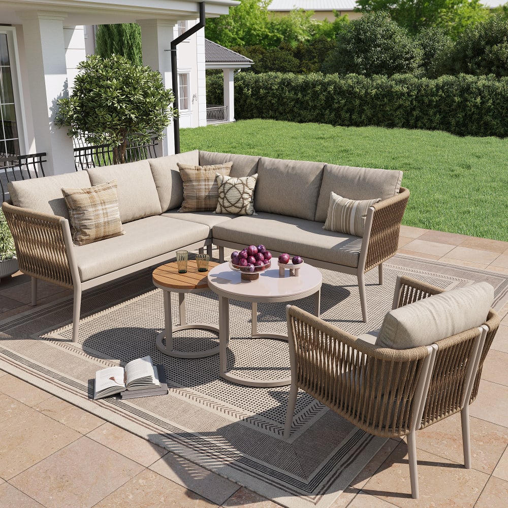 Salon de jardin en rotin beige, 5-6 places, coussinset 2 tables basses