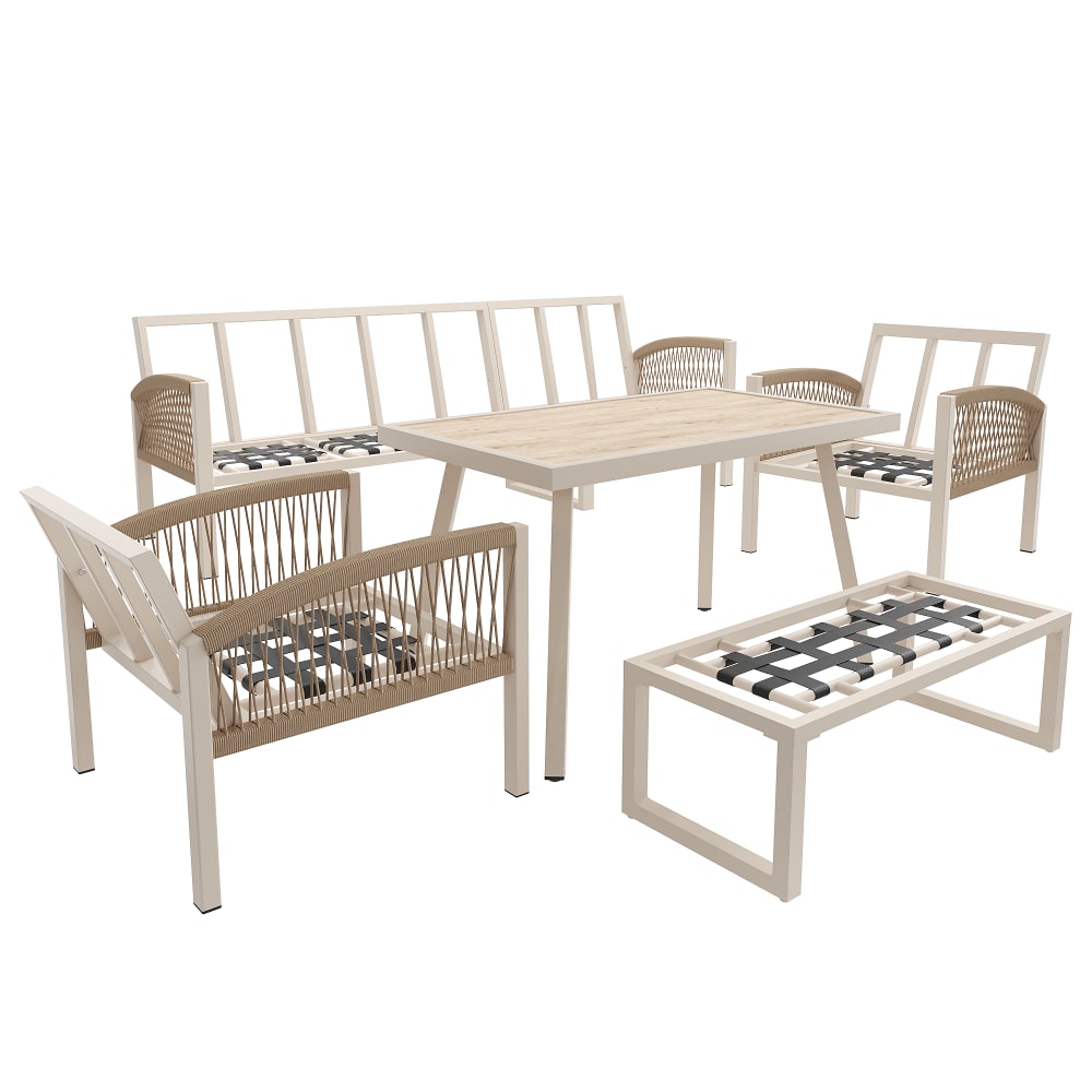 Salon de jardin en  beige Canapé 2 fauteuils et banc, coussins, table