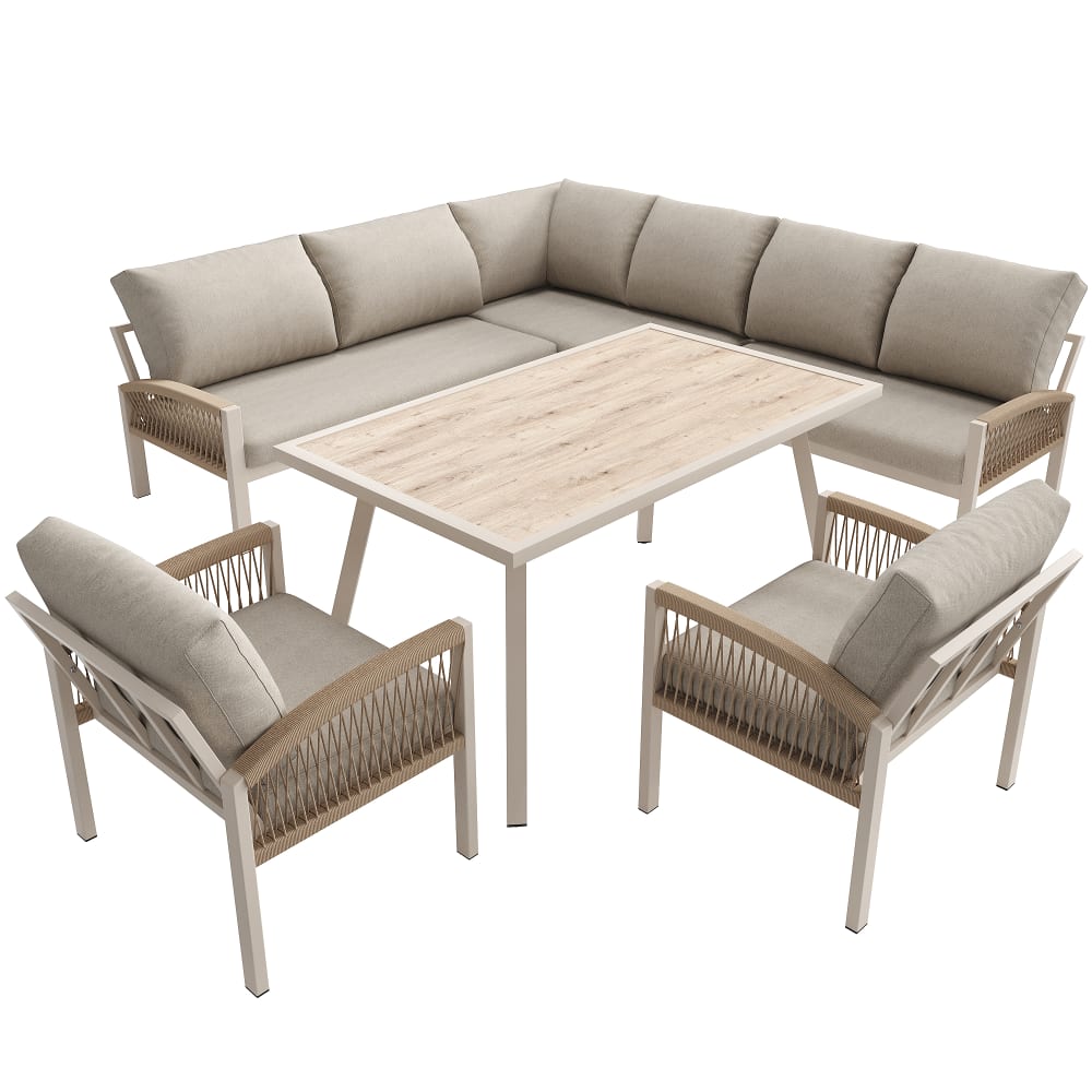 Salon de jardin d'angle 8 places beige, coussins , table , 2 fauteuils